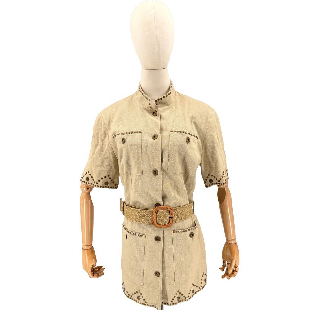 Vintage 90s Double Ranch Khaki Copper Studded Safari Western Belted Jacket